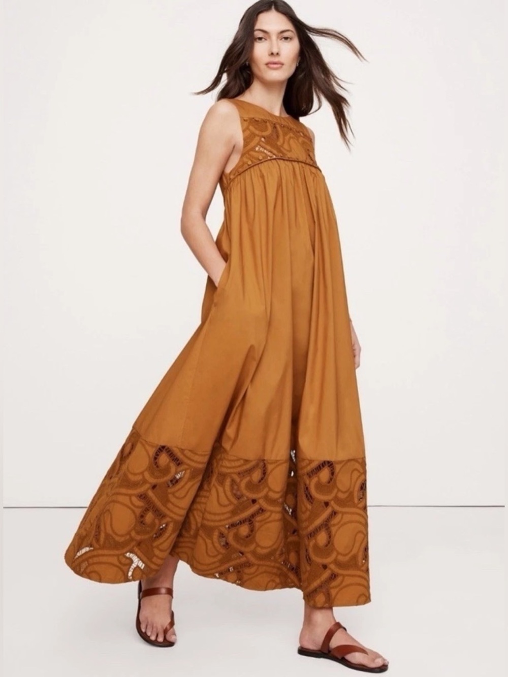 Banana Republic Embroidered Cotton Poplin BoHo Maxi Dress in Caramel NWOT S
